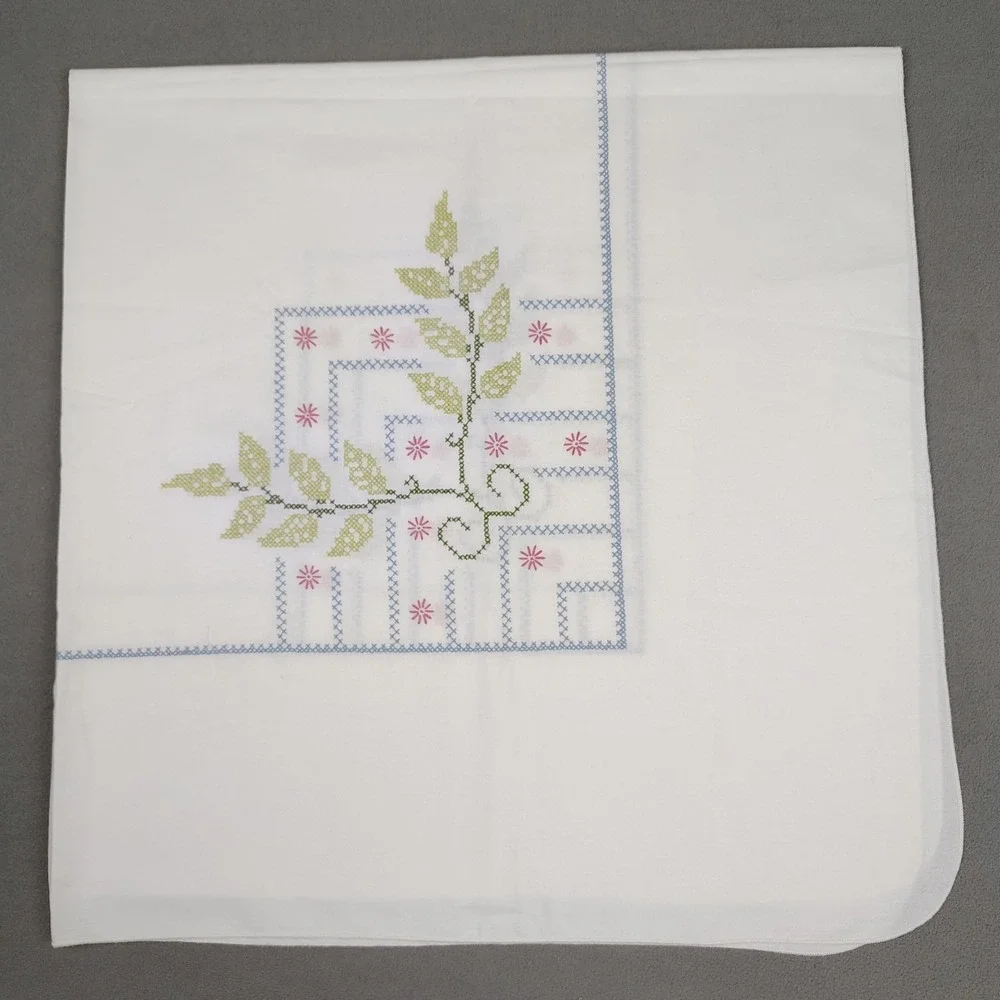 Vintage Embroidered Tablecloth Large 59x59 Floral Garden MCM 50s Cross Stitch